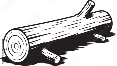 Detailed Log Silhouette with Branches and Wood Grain on a Transparent Background