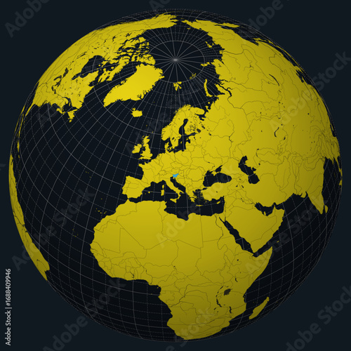 Republic of Slovenia on Globe. Country view on the world map in Charcoal Bright Yellow color palette. Slovenia shape on map. Globe with meridians, parallels, countries, rivers and lakes.