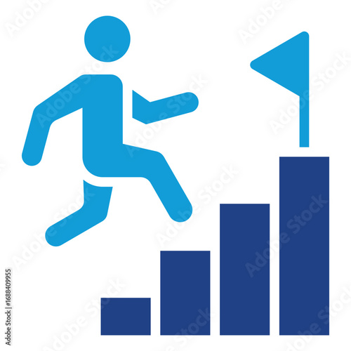 Achievement Glyph Blue Silhouette Icon Design Vector - Person climbing bar chart with a flag, symbolizing success, progress, or goal achievement