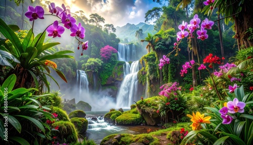 A vibrant waterfall cascades through a lush, exotic garden filled with vibrant orchids and tropical plants, creating a serene and beautiful natural scene.