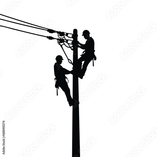 Two linemen silhouettes working on utility pole lineman