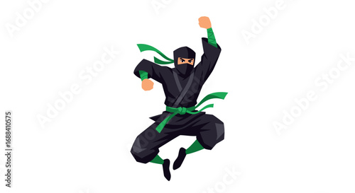Dynamic illustration of a jumping ninja warrior in a black and green costume.