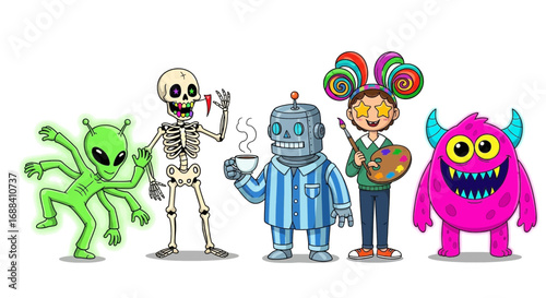 Whimsical characters including alien, skeleton, robot, artist, and monster create a playful, imaginative scene.