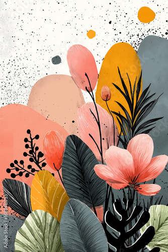Colorful painting of flowers and leaves with a pink flower in the center. The painting has a bright and cheerful mood, with the flowers and leaves creating a sense of growth and vitality