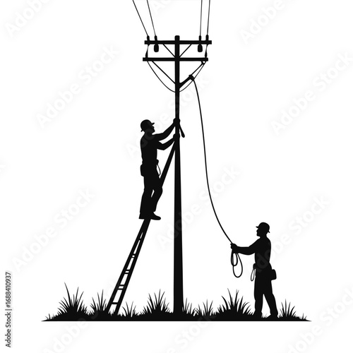 Two linemen working on a power pole with a ladder and cables