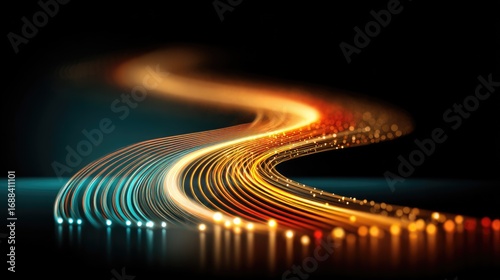 Swirling light trails transition from cool blue to fiery orange on a dark background, creating a sense of motion and abstract futuristic energy