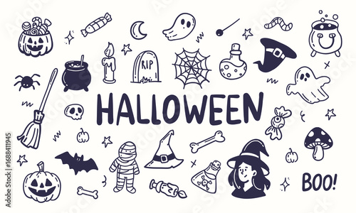 Collection of hand drawn Halloween doodles including ghosts, pumpkins, candy, and witch items on a white background