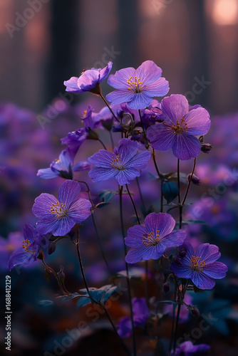 Bunch of purple flowers with dew drops on them. The flowers are in a field and the background is a forest