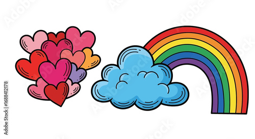 Vibrant hearts cluster beside a cheerful rainbow and fluffy cloud for joyful design projects