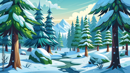 A winter holiday celebration featuring a tropical beach with palm trees and a festive snow-covered pine forest landscape