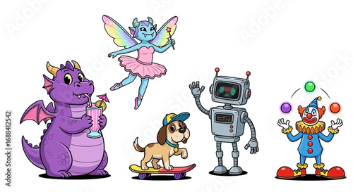 Whimsical characters delight with playful poses, a dragon sips a drink, a fairy dances, a robot waves, a dog skates, and a clown juggles.
