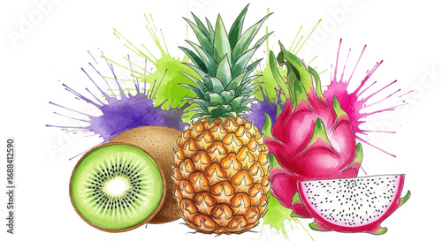 Vibrant tropical fruits pineapple kiwi dragonfruit burst with colorful watercolor splashes
