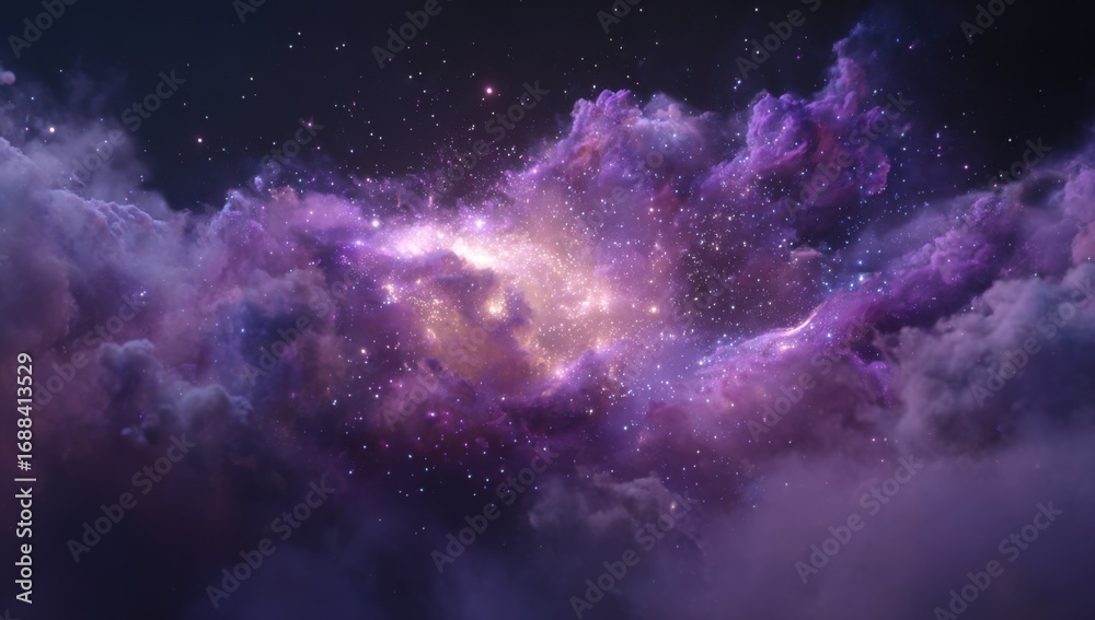 Naklejka premium Cosmic nebula, vibrant purples and pinks, swirling clouds, scattered stars