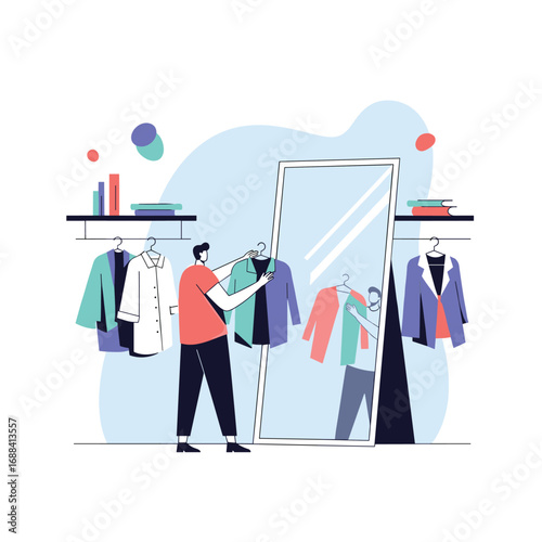 Fashion shopping and trying on clothes in a modern clothing store mirror reflection