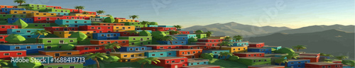 A hillside village with colorful houses and lush green trees.
