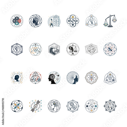 Abstract Vector Logos Depicting Concepts of Knowledge, Wisdom, and Balance, Creative Vector Graphics Representing the World of Ideas and Ingenuity
