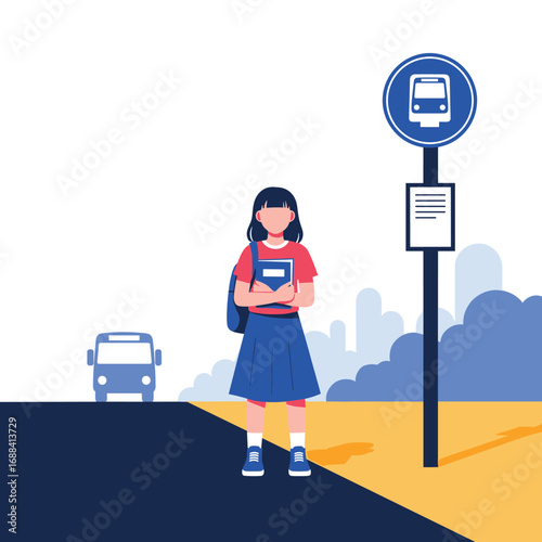 Young student waits patiently at bus stop for school transportation home