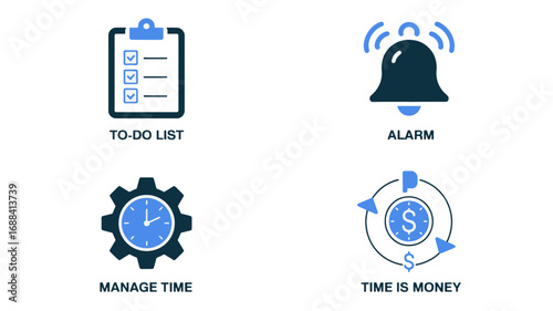 Productivity Icons To-Do List, Alarm, Time Management, Time is Money