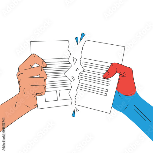 Hands tearing a document in half symbolizing disagreement and conflict