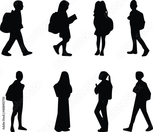 Backpack silhouettes, walking and standing figures, black icons, gray background, student posture, commuter style, casual motion, urban lifestyle
