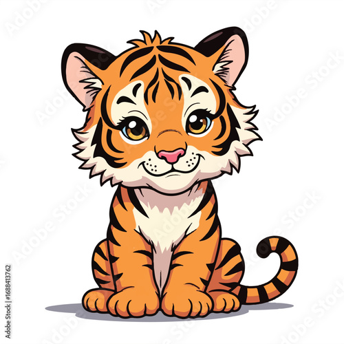Adorable Tiger Cub Cartoon Drawing, Cute Animal Vector Illustration