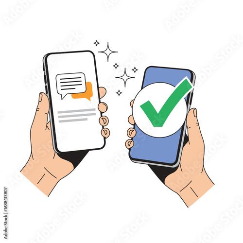 Two hands holding smartphones displaying communication and confirmation icons wirelessly