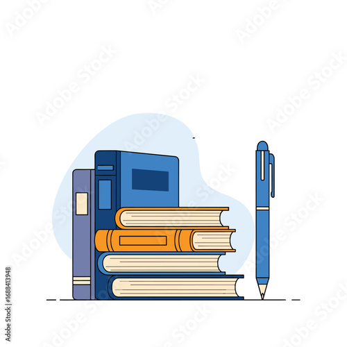 A stack of books and a blue pen ready for writing ideas