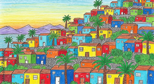 Vibrant illustration of a colorful hillside town with numerous houses, palm trees, and distant mountains overlooking a body of water at sunset.
