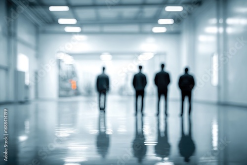 A blurry image shows four silhouetted figures in a bright  industrial hallway with a shiny floor  creating a surreal  cool-toned atmosphere