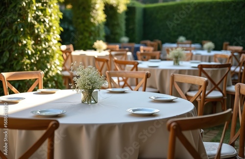 Outdoor event wedding setting with round tables draped in white cloths, adorned with simple floral arrangements. Wooden chairs surround tables prepared with plates. Rich plants, trees create natural,