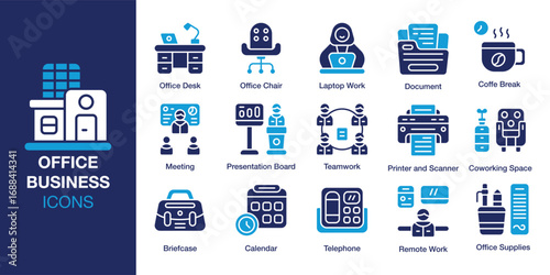 Office Business icon set. Containing corporate, office, business, work, and more. Solid vector icons collection. Vector illustration.