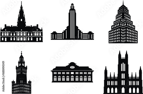 Black silhouette collection of famous historic buildings, architectural landmarks, towers, city monuments, urban skyline, vintage design