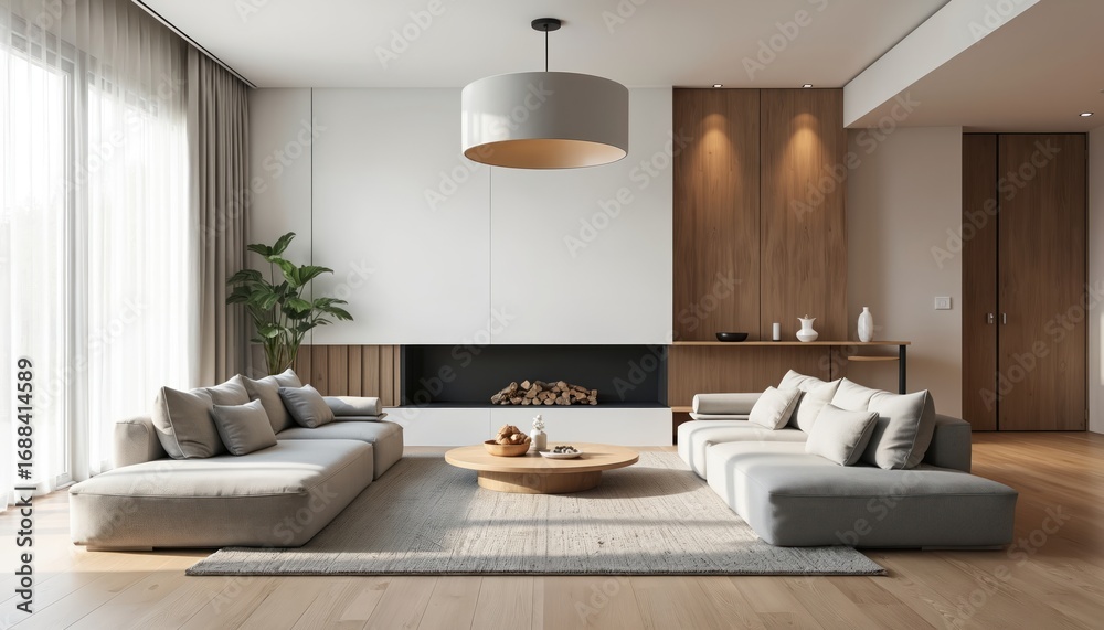 Fototapeta premium Modern minimalist living room with light wood floors, featuring grey sectional sofa, fireplace, minimalist decor. Bright white walls, natural light from large windows, warm wood accents create calm,