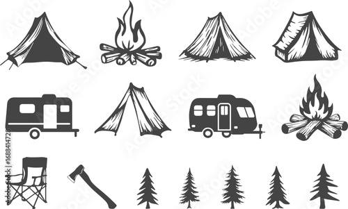 Camping icons, tents, campfire, caravan, outdoor, adventure, forest, nature, travel, hiking, vector, symbol, recreational, gear