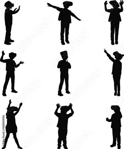 Children with VR headsets, immersive experience, black silhouettes, virtual interaction, digital technology, isolated on white background