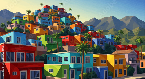 Colorful hillside houses in a vibrant, sunny landscape.