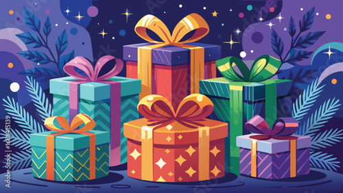 A festive collection of colorful gift boxes with ribbons and bows