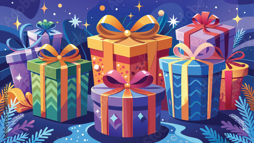 Festive Christmas gift boxes wrapped with ribbons sit ready for holiday giving