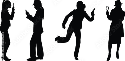 Detective silhouettes, four figures, black outlines, white background, mystery theme, crime investigation, action poses, magnifying glass, suspense