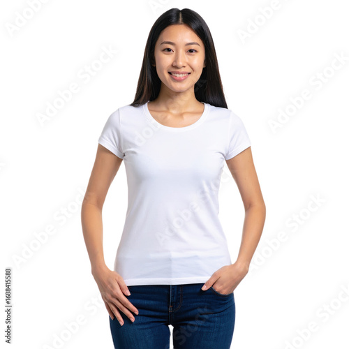 Young woman wearing a plain white fitted t-shirt and blue jeans, smiling with long straight black hair and a relaxed, confident posture