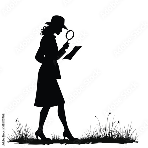 Woman in hat examining document with magnifying glass