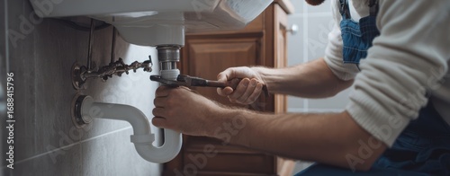 The Plumber Repairing A Bathroom Sink Under Vanity With Wrench And Focused Hands