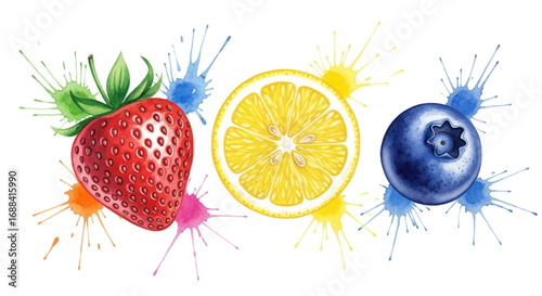 Vibrant watercolor strawberry, lemon slice, and blueberry bursting with colorful splashes
