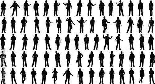 Eighty-one human silhouette poses in grid layout, ideal for gesture studies, UI design, animation, posture reference, and character modeling