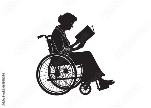 Old woman in wheelchair icon silhouette isolated vector.