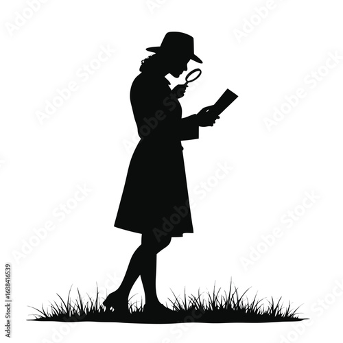 Woman in hat with magnifying glass examining document