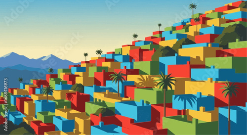 A vibrant hillside densely packed with colorful, geometric houses and scattered palm trees under a clear sky.