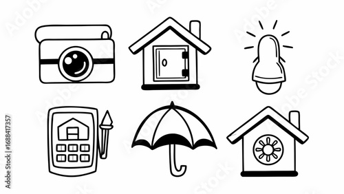 Doodle style icons depicting a camera, houses, alarm, tablet, umbrella and a house with a flower design on transparent background silhouette