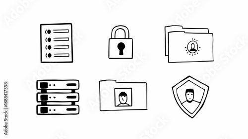 Hand drawn data protection elements including list, lock, server, folders and shield image icons on transparent background silhouette