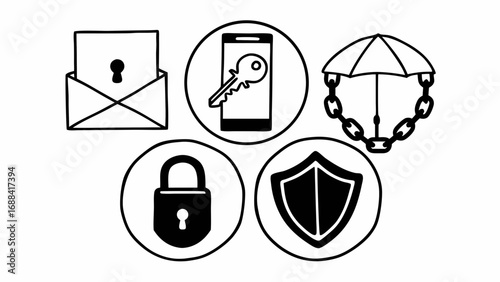 Illustrations of security measures including email lock phone key shield and umbrella with chain link on transparent background silhouette